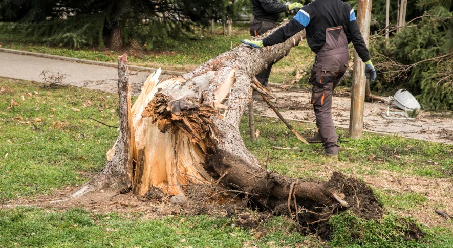 Tree removal crew cutting a large tree in sections in Austin